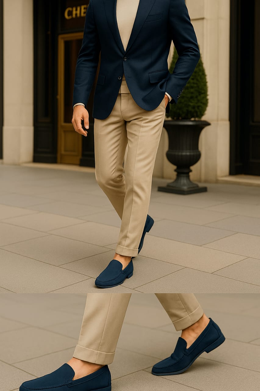 Blue Nubuck Pure Leather Loafers Shoes for Men